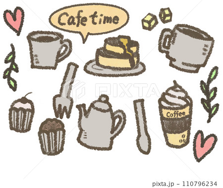 クレヨンで描いたカフェイラストセット 110796234