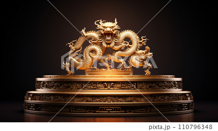 3d blank podium decoration with dragon. happy chinese new year concept. Luxury podium for your product. Generative AI. 110796348