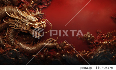 Chinese dragon background with copyspace for your design. Dragon concept. Generative AI. Chinese dragon background with copyspace for your design. Dragon concept. Generative AI. 110796376