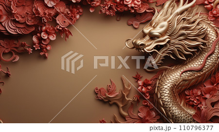 Chinese dragon background with copyspace for your design. Dragon concept. Generative AI. Chinese dragon background with copyspace for your design. Dragon concept. Generative AI. 110796377