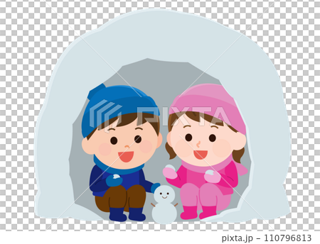 かまくらを作って雪遊びをする子ども　イラスト 110796813