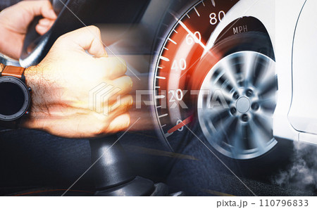 A racer shifts into gear and a racing car takes off at speed , Double exposure A racer shifts into gear and a racing car takes off at speed , Double exposure 110796833