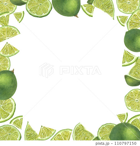 Square frame with juicy ripe limes. Tropical fruits, citrus. Copy space for text. Watercolor summer botanical illustration. For menu, cocktail party, flyer, posters, package design 110797150