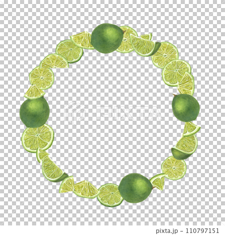 Lime wreath. Tropical citrus fruits. Ripe, juicy lime slices. Watercolor summer botanical illustration. Copy space for text. For menu, cocktail party, flyer, posters Lime wreath. Tropical citrus fruits. Ripe, juicy lime slices. Watercolor summer botanical illustration. Copy space for text. For menu, cocktail party, flyer, posters 110797151