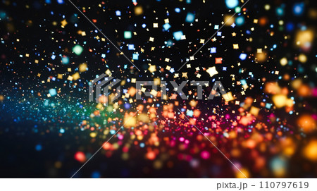 黒背景にカラフルにきらめくコンフェッティの背景「AI生成画像」 110797619