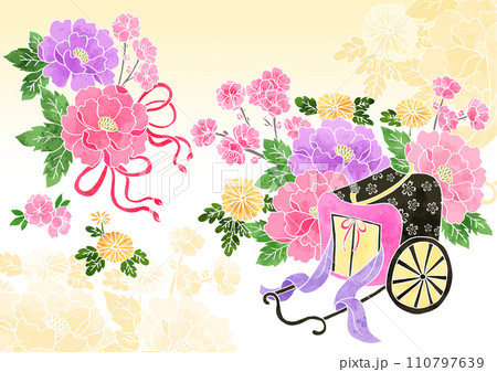 華やかな御所車のイラスト(黄色背景) 華やかな御所車のイラスト(黄色背景) 110797639