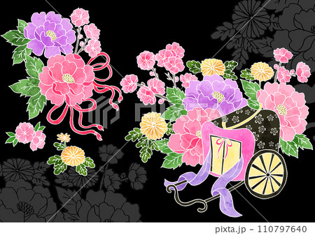 華やかな御所車のイラスト(黒背景) 華やかな御所車のイラスト(黒背景) 110797640