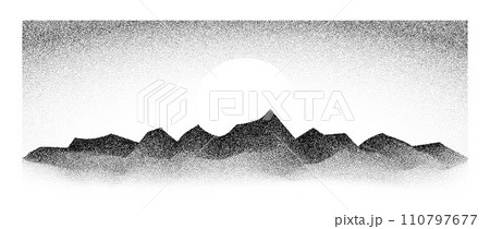 Grain stipple mountain range. Dotted landscape terrain silhouette. Black white grainy hills chain. Grunge noise stochastic background. Pointillism texture wallpaper. Vector dot work style illustration Grain stipple mountain range. Dotted landscape terrain silhouette. Black white grainy hills chain. Grunge noise stochastic background. Pointillism texture wallpaper. Vector dot work style illustration 110797677