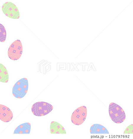 Abstract corner frame of painted Easter Eggs in trendy soft shades. Easter greetings design concept 110797692