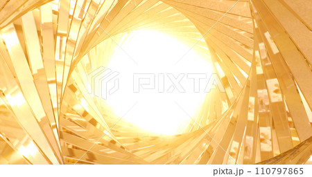 Abstract metallic shiny golden yellow polyhedral tunnel frame made of lines of hexagonal edges, mechanical high-tech tunnel futuristic, abstract background Abstract metallic shiny golden yellow polyhedral tunnel frame made of lines of hexagonal edges, mechanical high-tech tunnel futuristic, abstract background 110797865