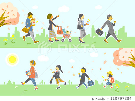 春にワクワクしながら新生活をスタートさせる人々　カラフルでお洒落なイラスト 110797884