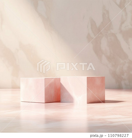 ベージュと白のマーブル背景にピンクの二つの四角い展示台がある正方形抽象バナー。AI生成画像 ベージュと白のマーブル背景にピンクの二つの四角い展示台がある正方形抽象バナー。AI生成画像 110798227