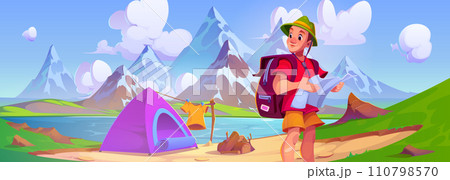 Male tourist with hiking backpack and map in hands 110798570