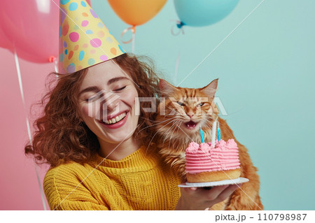 a woman celebrating her cat birthday with generative ai 110798987