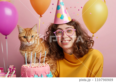a woman celebrating her cat birthday with generative ai 110798989