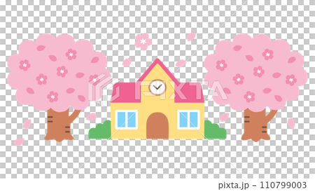 満開の桜と園舎 110799003