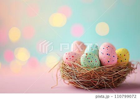 colorful pastel easter eggs basket bokeh style background with generative ai 110799072