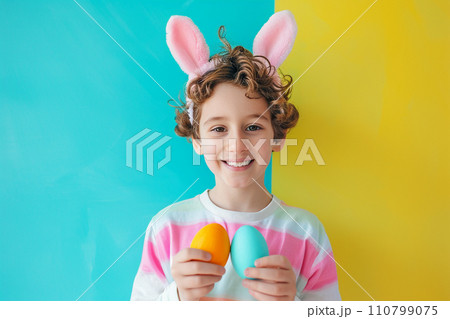 young boy kid holding colorful pastel easter eggs with generative ai 110799075