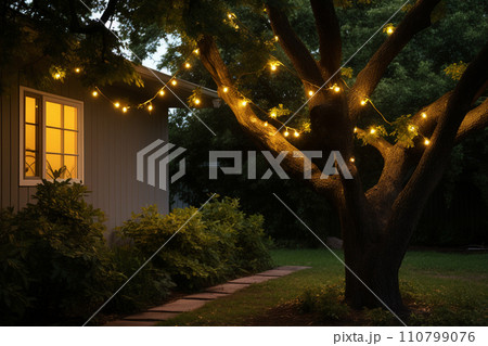 a string of lights hanging on the tree bokeh style background with generative ai 110799076