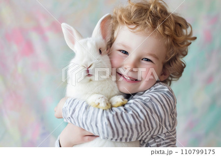young boy kid cuddling a cute bunny with generative ai 110799175