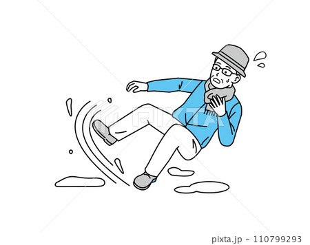 雪で滑って転ぶ老人　年配の男性 110799293