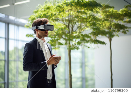 businessman wearing vr glasses looking at nature view bokeh style background with generative ai 110799300