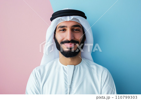 handsome arabian muslim man wearing white kandura with generative ai 110799303