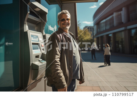 a middle age man using an atm machine bokeh style background with generative ai 110799517