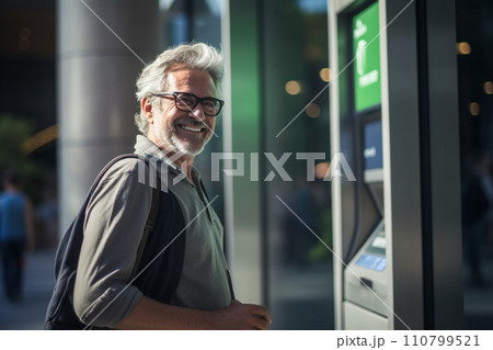 a middle age man using an atm machine bokeh style background with generative ai 110799521