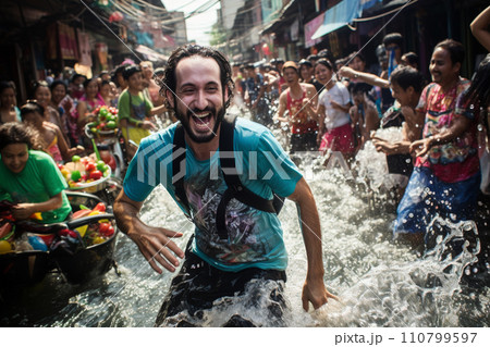 thai man playing water in songkran festival bokeh style background with generative ai 110799597