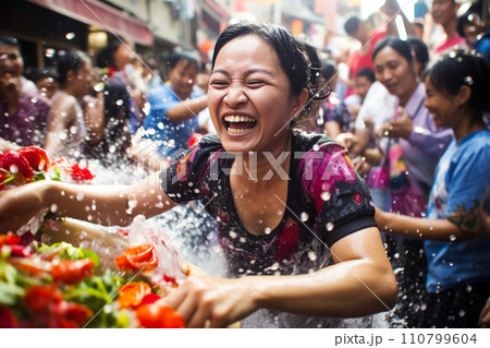 thai woman playing water in songkran festival bokeh style background with generative ai 110799604