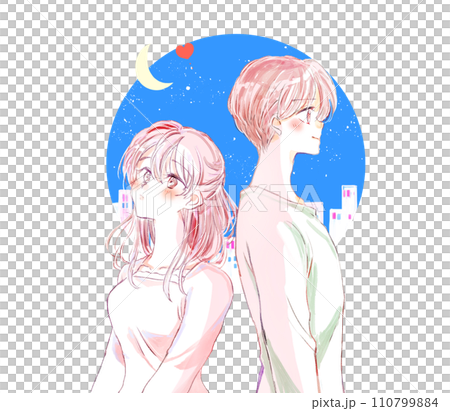 A man and a woman with mutual feelings back to back at night 110799884