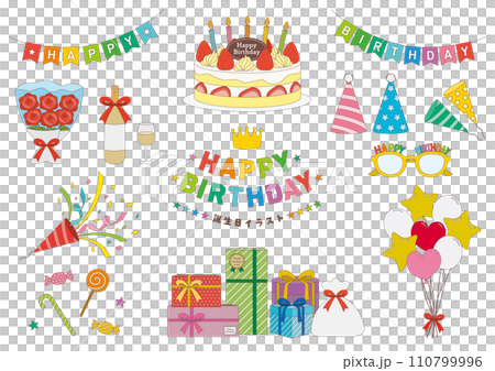 誕生日のイラストのセット_主線あり 誕生日のイラストのセット_主線あり 110799996