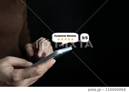 Satisfied customer experience concept, happy business customer using smartphone, the best review, High quality service, Most rated, the highest score, 5 stars, Social media very good. 110800068
