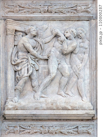 Expulsion from Paradise, Genesis relief on portal of Saint Petronius Basilica in Bologna, Italy 110800287