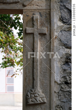 The entrance portal with the symbols of the Passion of Christ, the chapel of St. Wolfgang in Vukovoj, Croatia 110800856