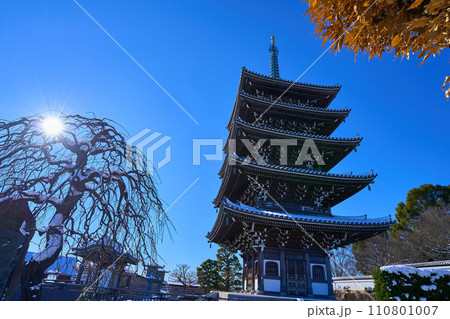 降雪後の神奈川県川崎市麻生区の香林寺の五重塔 降雪後の神奈川県川崎市麻生区の香林寺の五重塔 110801007