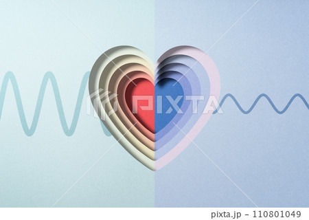 メンタルヘルスと精神疾患。ポジティブな感情とネガティブな感情。波線と重ねられたハート型。 110801049