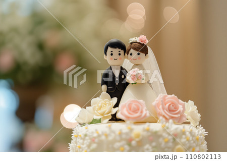 ウェディングケーキの上の新郎新婦の人形「AI生成画像」のイラスト素材