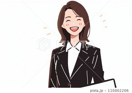 笑顔の日本人の女性会社員のイラスト（白背景・サラリーマン・スーツ・OL・スマイル） 110802206