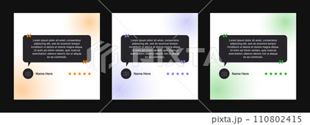Client review templates for social media posts. Customer testimonial in the form of speech dough with text and star rating. Patron feedback vector design with soft color gradient on background. 110802415