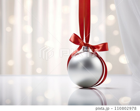 AI-generated content. White round isolated Christmas ball with red satin bow.  110802978