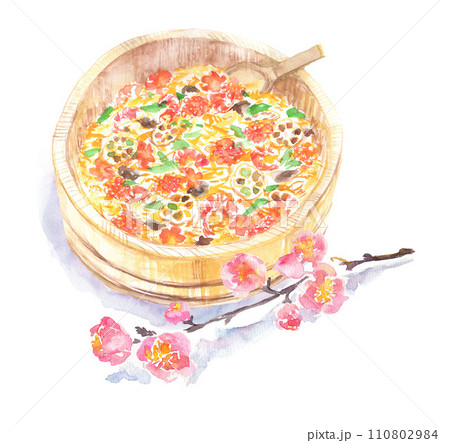 水彩で描いたちらし寿司と桃の花のイラスト 水彩で描いたちらし寿司と桃の花のイラスト 110802984