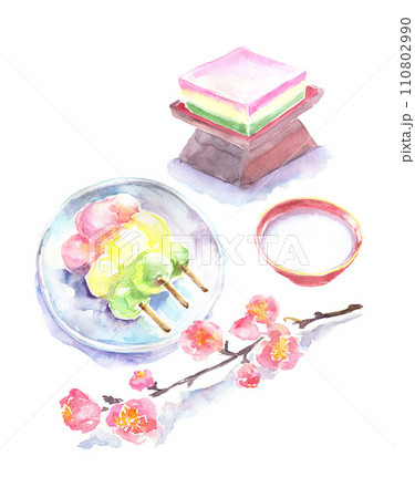 水彩で描いた三色団子とひし餅と桃の花のイラスト 110802990