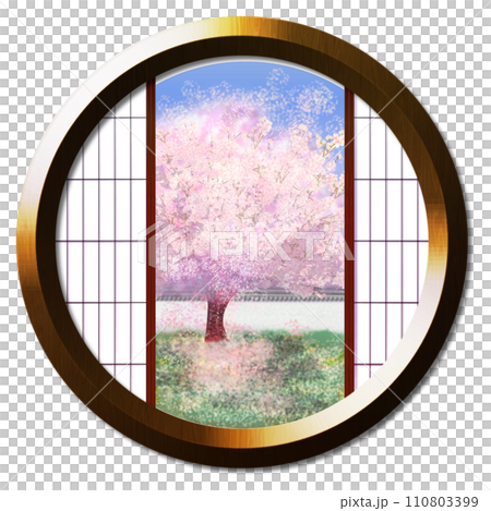 從圓窗可以看到花園裡的櫻花 從圓窗可以看到花園裡的櫻花 110803399