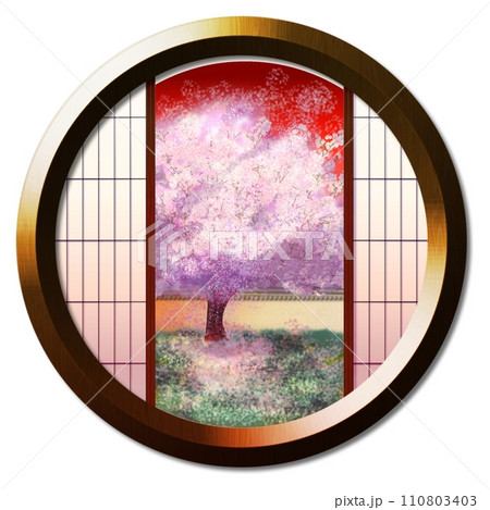 丸窓から見える夕暮れに染まる庭木の桜 110803403