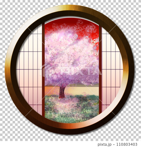 丸窓から見える夕暮れに染まる庭木の桜 110803403