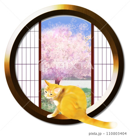 丸窓から見える庭木の桜と猫 110803404