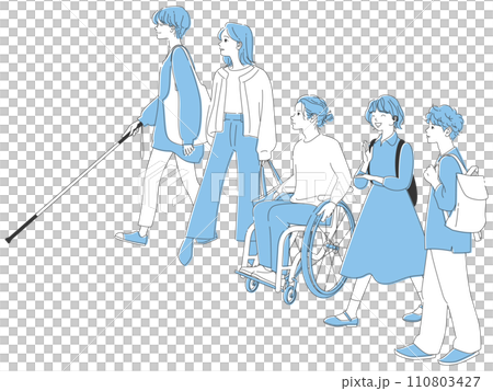 Smiling young people lined up in a row | Diversity and people with disabilities together 110803427