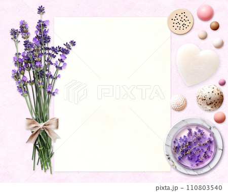 Natural cosmetics, spa, face and body beauty concept. Horizontal backdrop with blank paper sheet, bouquet of fresh purple lavandula flower, handmade lavender soap, wooden beads. Copy space for text Natural cosmetics, spa, face and body beauty concept. Horizontal backdrop with blank paper sheet, bouquet of fresh purple lavandula flower, handmade lavender soap, wooden beads. Copy space for text 110803540